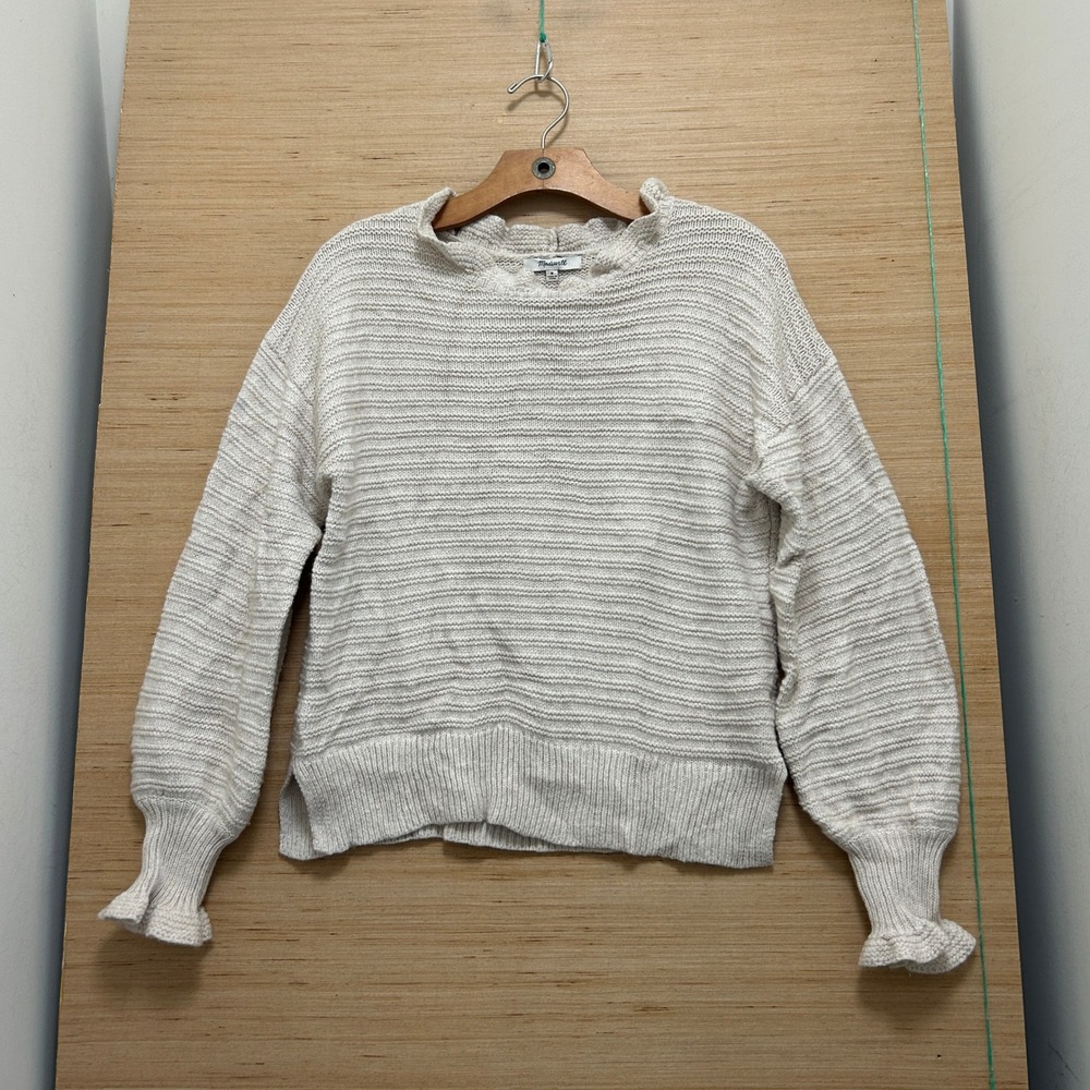 Madewell Ruffle Neck and Cuff Pullover Sweater Cream Oatmeal Marl Size M 7647